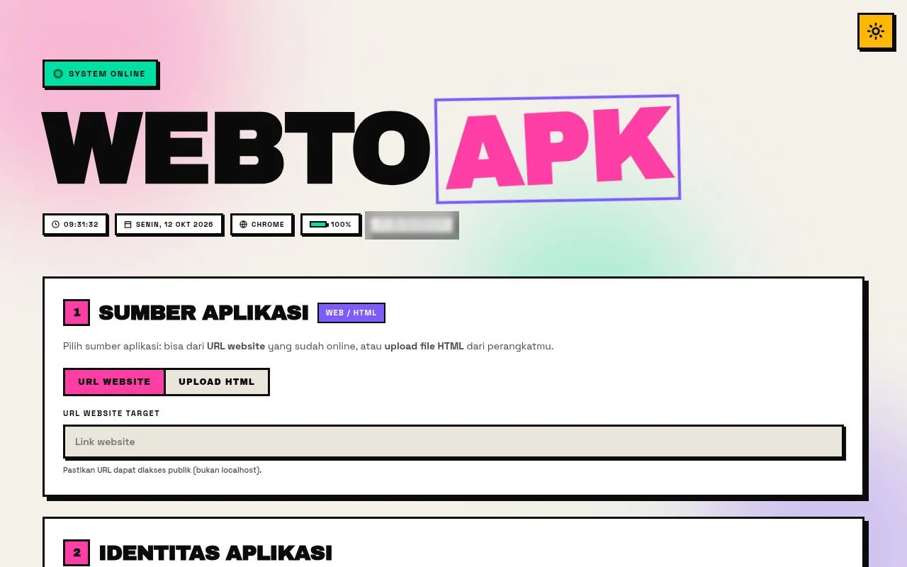 Tampilan halaman WebtoAPK: langkah Sumber Aplikasi dan Identitas Aplikasi
